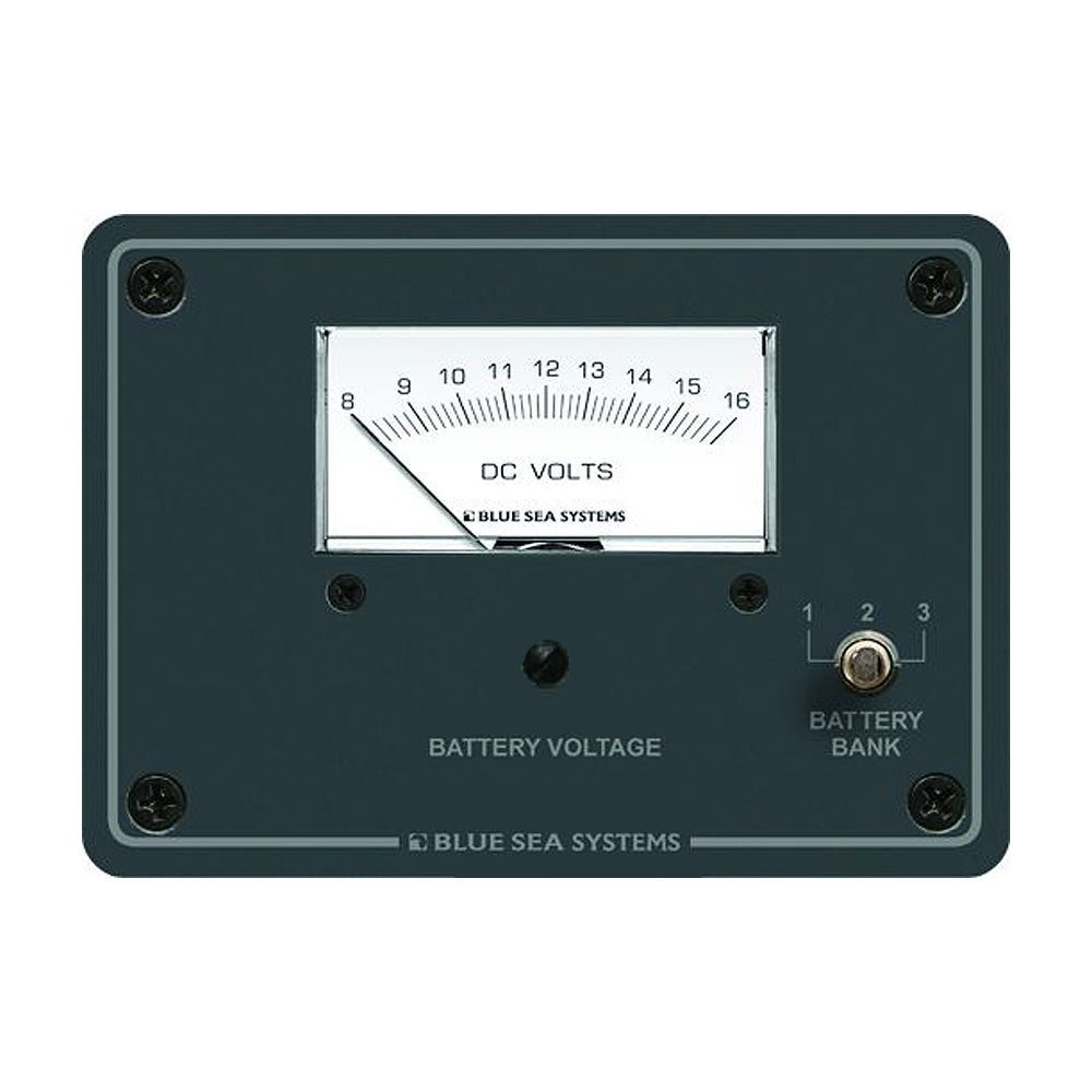 Blue Sea Systems DC analog voltmeter with panel mount, displaying voltage readings on a blue and black meter face.