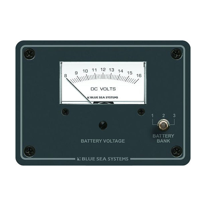 Blue Sea Systems DC analog voltmeter with panel mount, displaying voltage readings on a blue and black meter face.