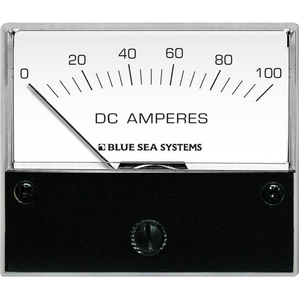 Blue Sea 8017 DC analog ammeter with 2-3/4-inch face displaying 0-100 Amperes DC for electrical measurement.