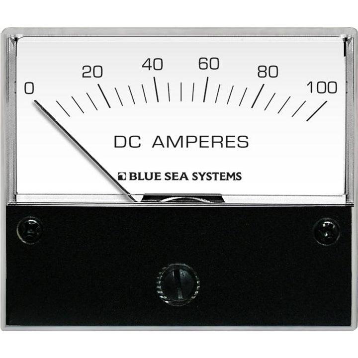 Blue Sea 8017 DC analog ammeter with 2-3/4-inch face displaying 0-100 Amperes DC for electrical measurement.