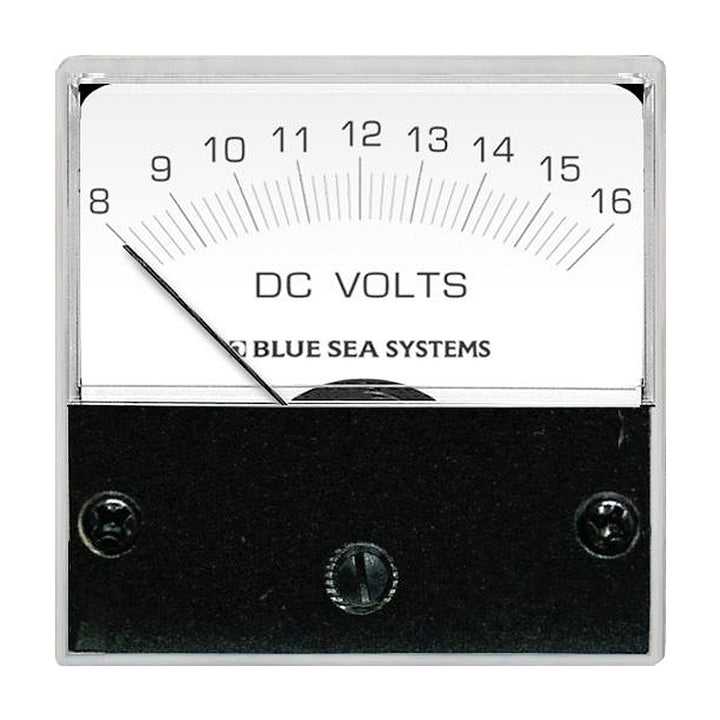 Blue Sea Systems 8028 DC Analog Micro Voltmeter with 2-inch face displaying 8-16 volts DC for meters and monitoring.