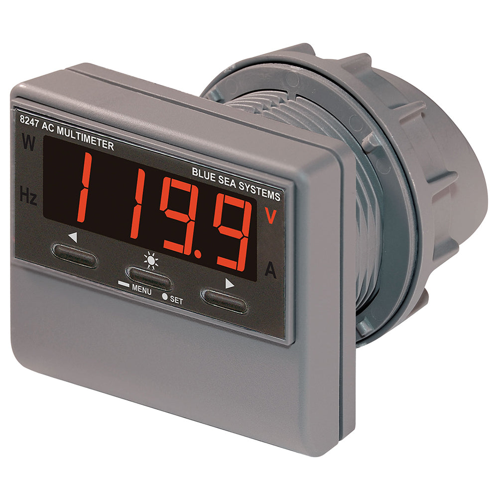 Blue Sea 8247 AC Digital Multimeter with Alarm from Blue Sea Systems, showing display and measurement controls.