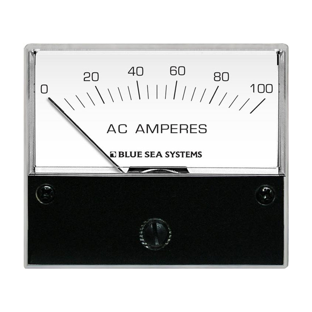 Blue Sea 8258 AC Analog Ammeter showing a 2-3/4 inch face with a needle indicating 0-100 amperes AC, in blue and black display.