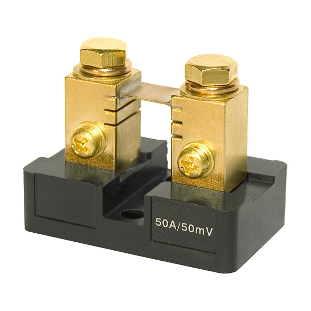Blue Sea Systems 9228 analog meter shunt for meters and monitoring, 50A/50mV, with blue and black components visible.