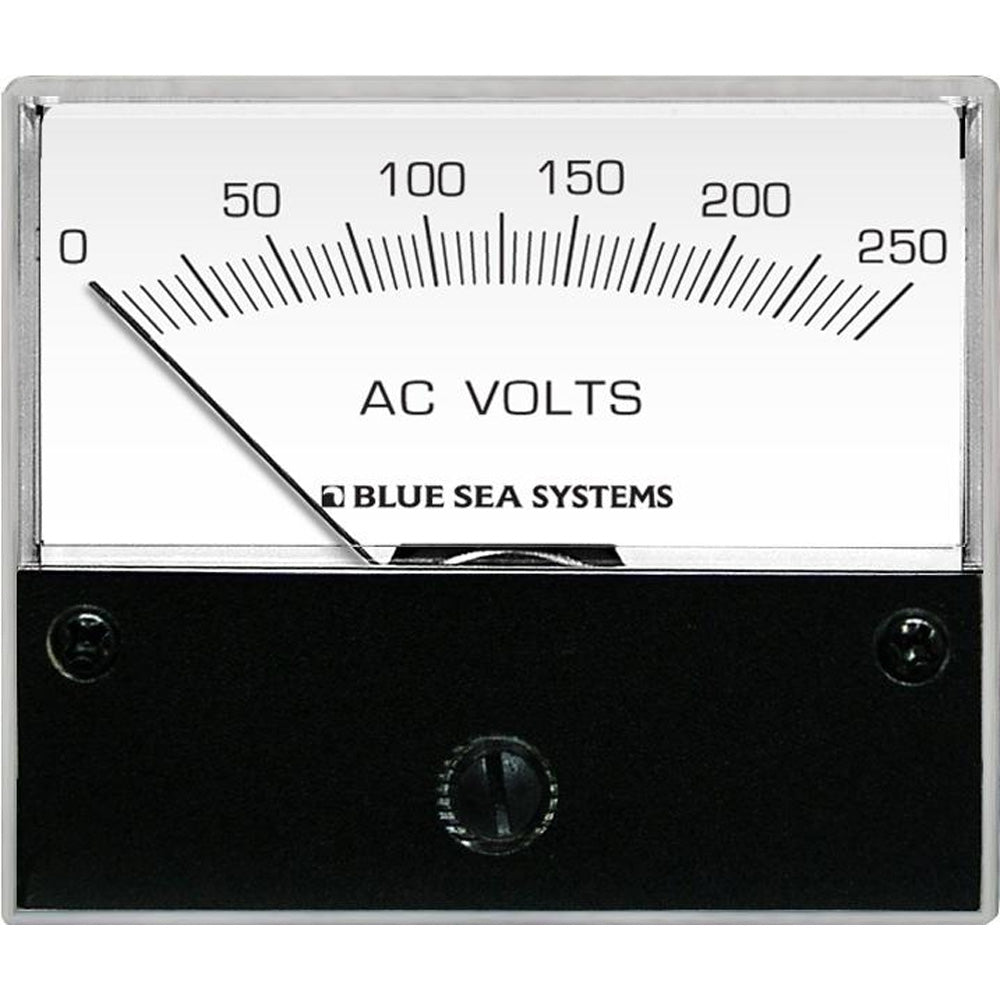 Blue Sea Systems 9354 AC analog voltmeter displaying 0-250V AC measurement on a blue panel for meters and monitoring.