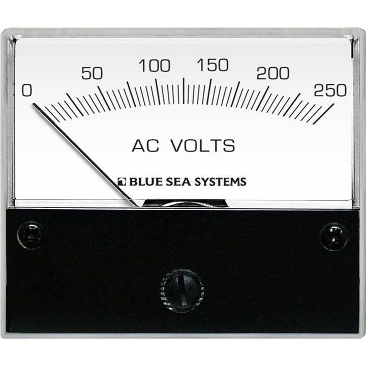 Blue Sea Systems 9354 AC analog voltmeter displaying 0-250V AC measurement on a blue panel for meters and monitoring.