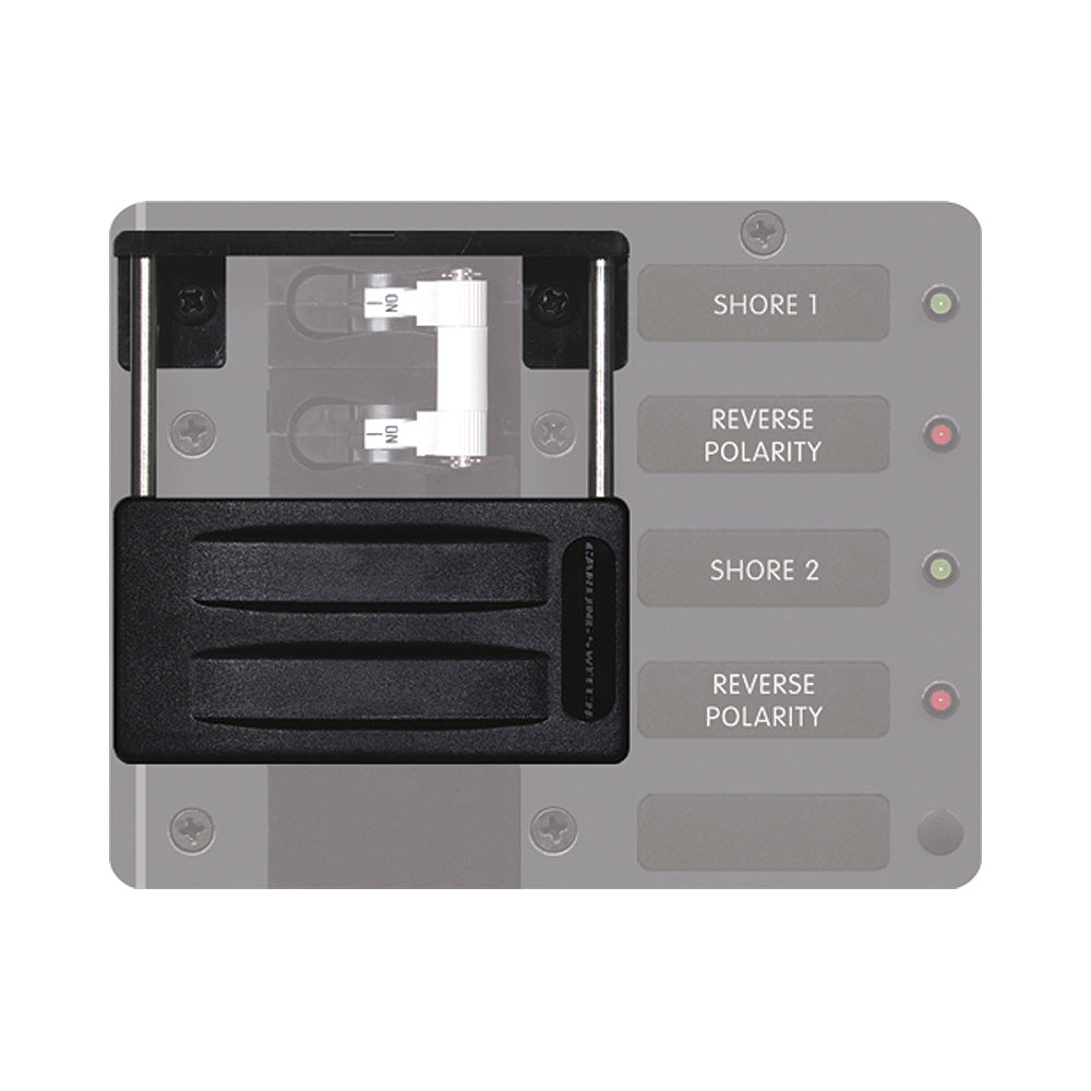 Blue Sea Systems 4130 Lockout Slide switch with 2 positions for 2-pole C-Series, shown in blue with switch mechanism visible.