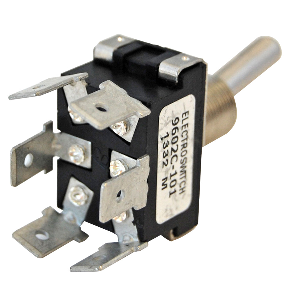 Blue Sea Systems WeatherDeck 4155 toggle switch in blue, mounted on a panel with wiring visible for marine or electrical applications.
