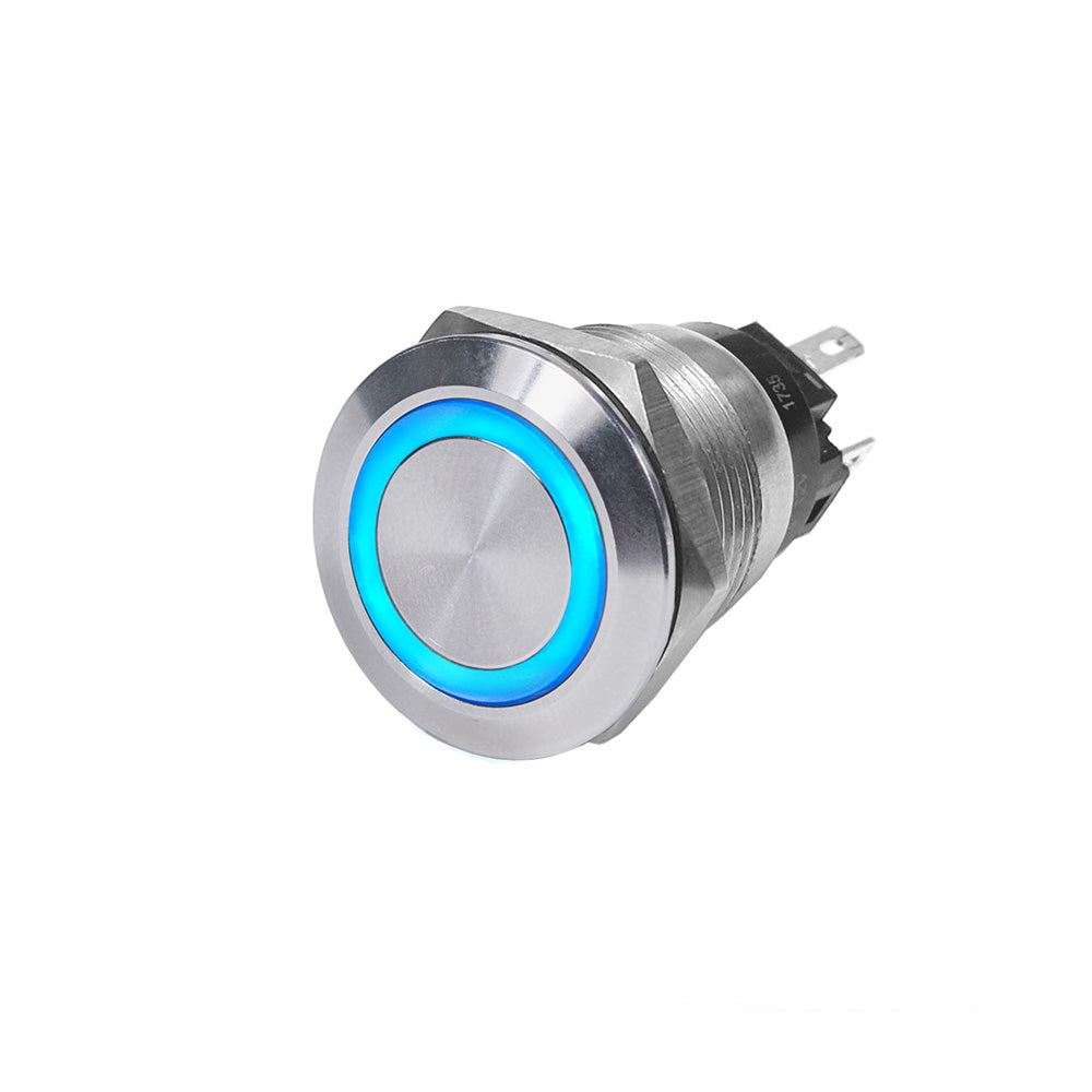 Blue Sea Systems 4160 SS push button switch in blue, Off-On toggle, rated 10A, used for marine or electrical control applications.