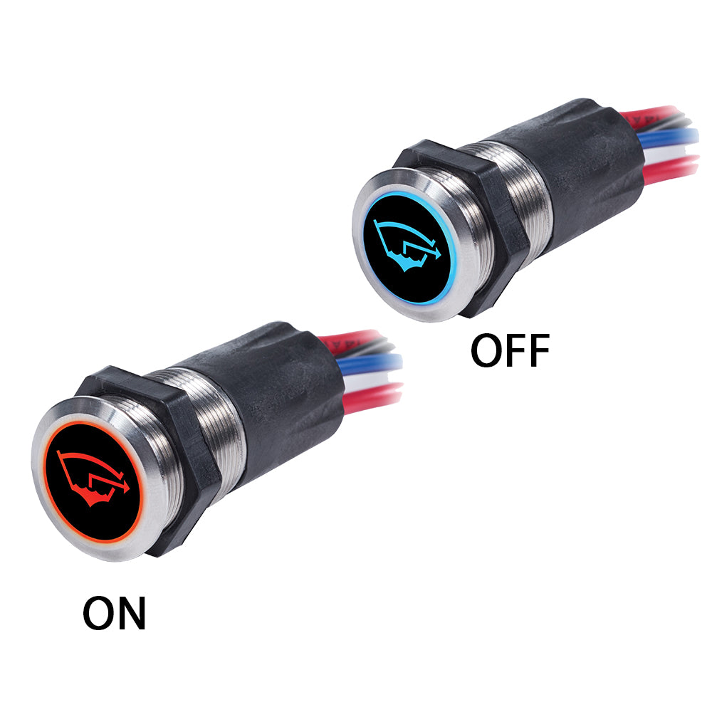 Blue Sea Systems backlit push button switch OFF/ON, 15A, used for electrical control panels and switches and accessories.
