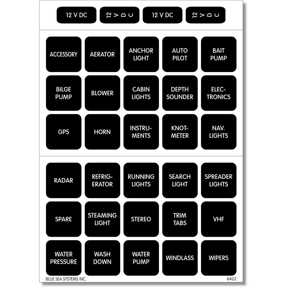 Blue Sea Systems Blue Sea 4215 square format label set with 30 adhesive labels for switches and accessories.