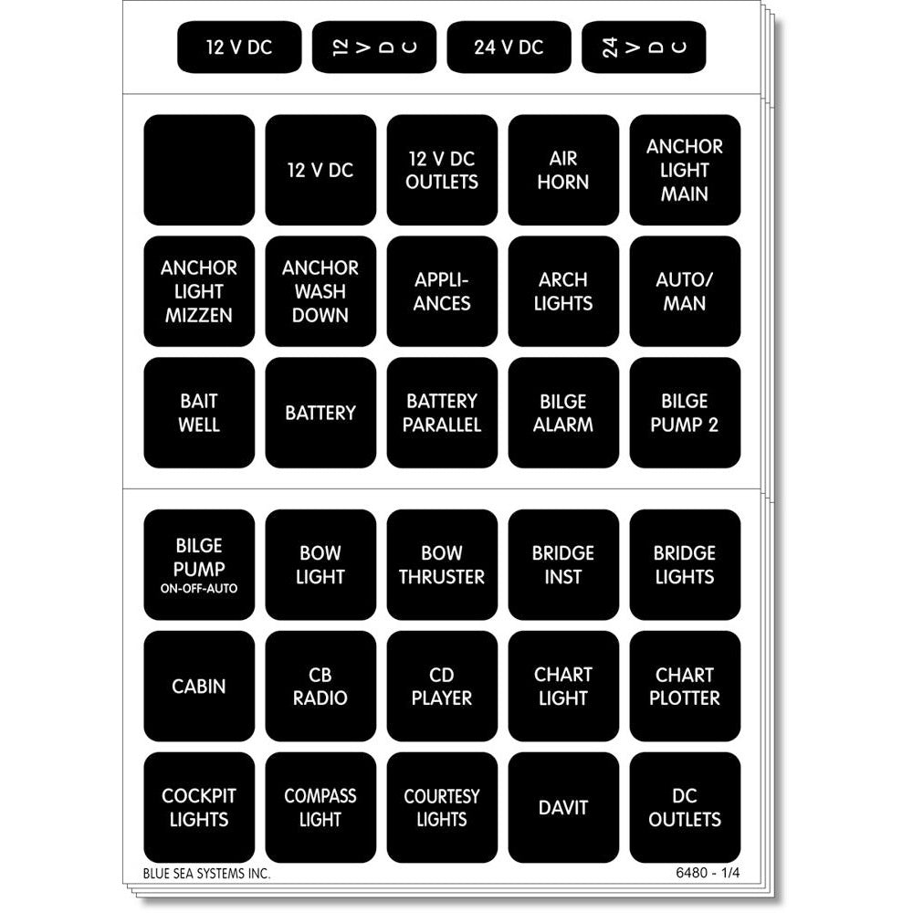 Blue Sea Systems 4218 square format label set for battery management panels, includes 30 labels for switches and accessories.