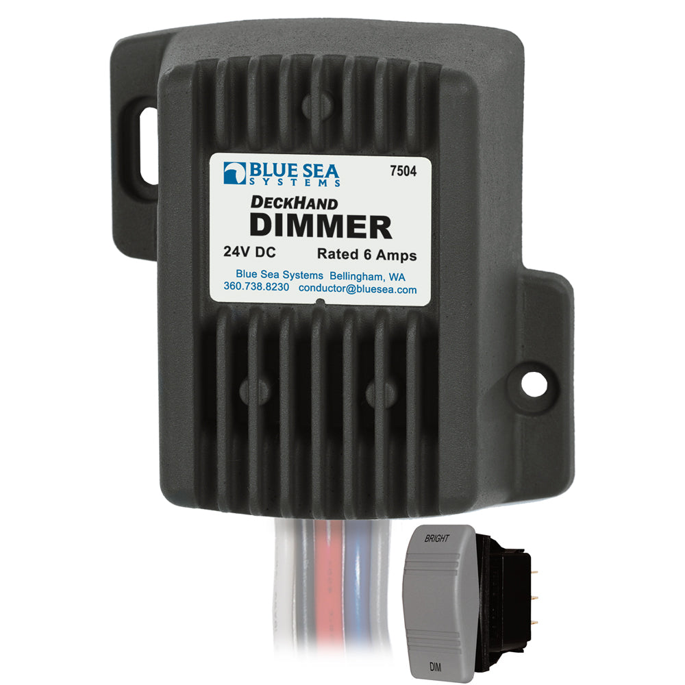 Blue Sea 7504 DeckHand Dimmer switch with 6 Amp/24V capacity, used in marine electrical systems by Blue Sea Systems
