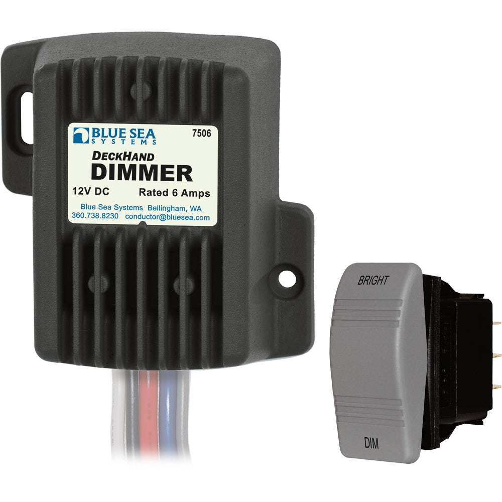 Blue Sea Systems DeckHand Dimmer switch, 6 Amp, 12V, marine electrical accessory, with black control knob and wiring.