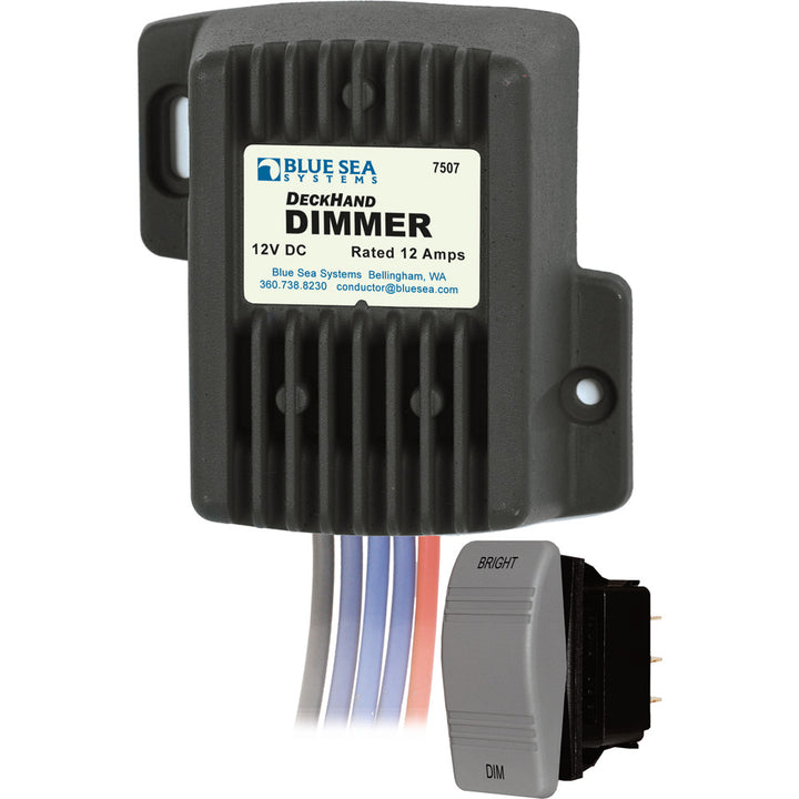 Blue Sea Systems DeckHand Dimmer switch for 12V systems, 12 amp capacity, with a blue control knob and mounting hardware.