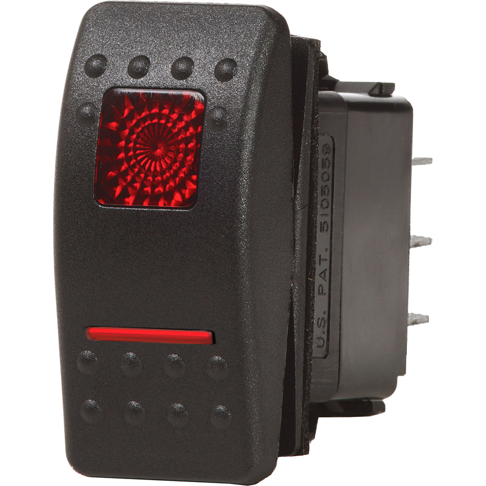Blue Sea Systems Contura II SPDT switch in black showing ON-OFF-ON positions, used for electrical control applications.