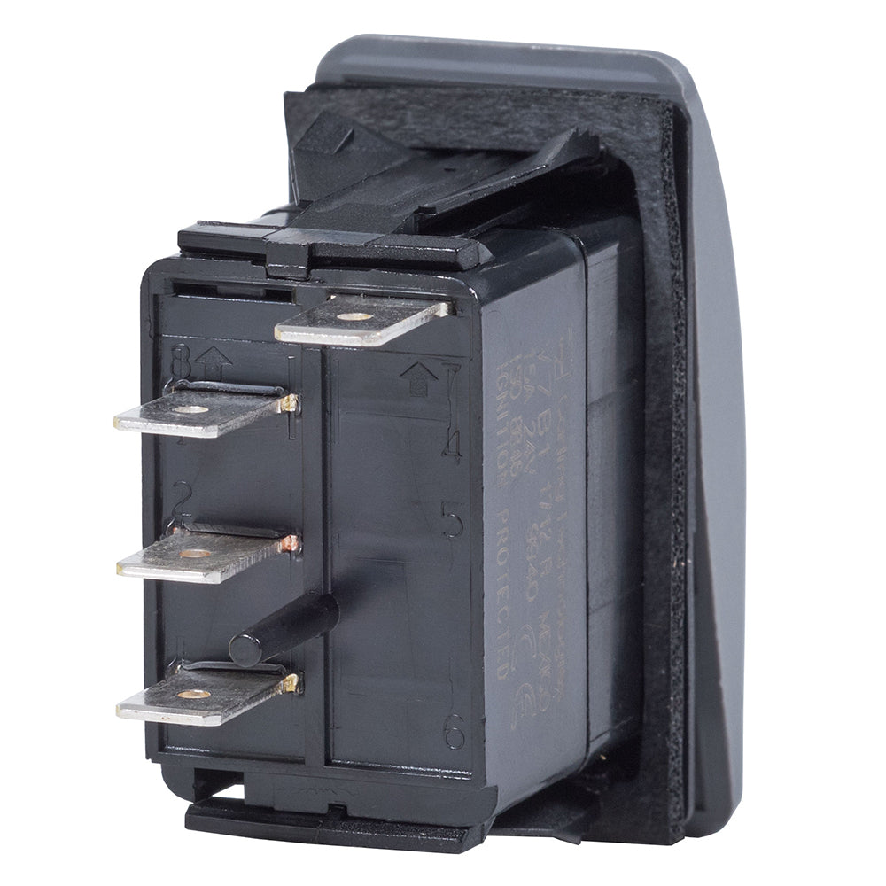 Blue Sea 7932 Contura II SPDT switch in black showing ON-OFF-ON positions, used for marine and industrial electrical control.