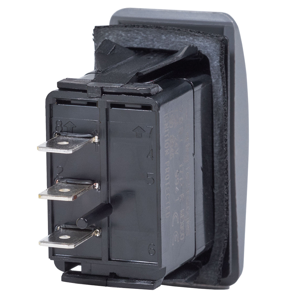 Blue Sea Systems Contura II SPDT switch in black showing ON-OFF-ON positions for marine or electrical control.
