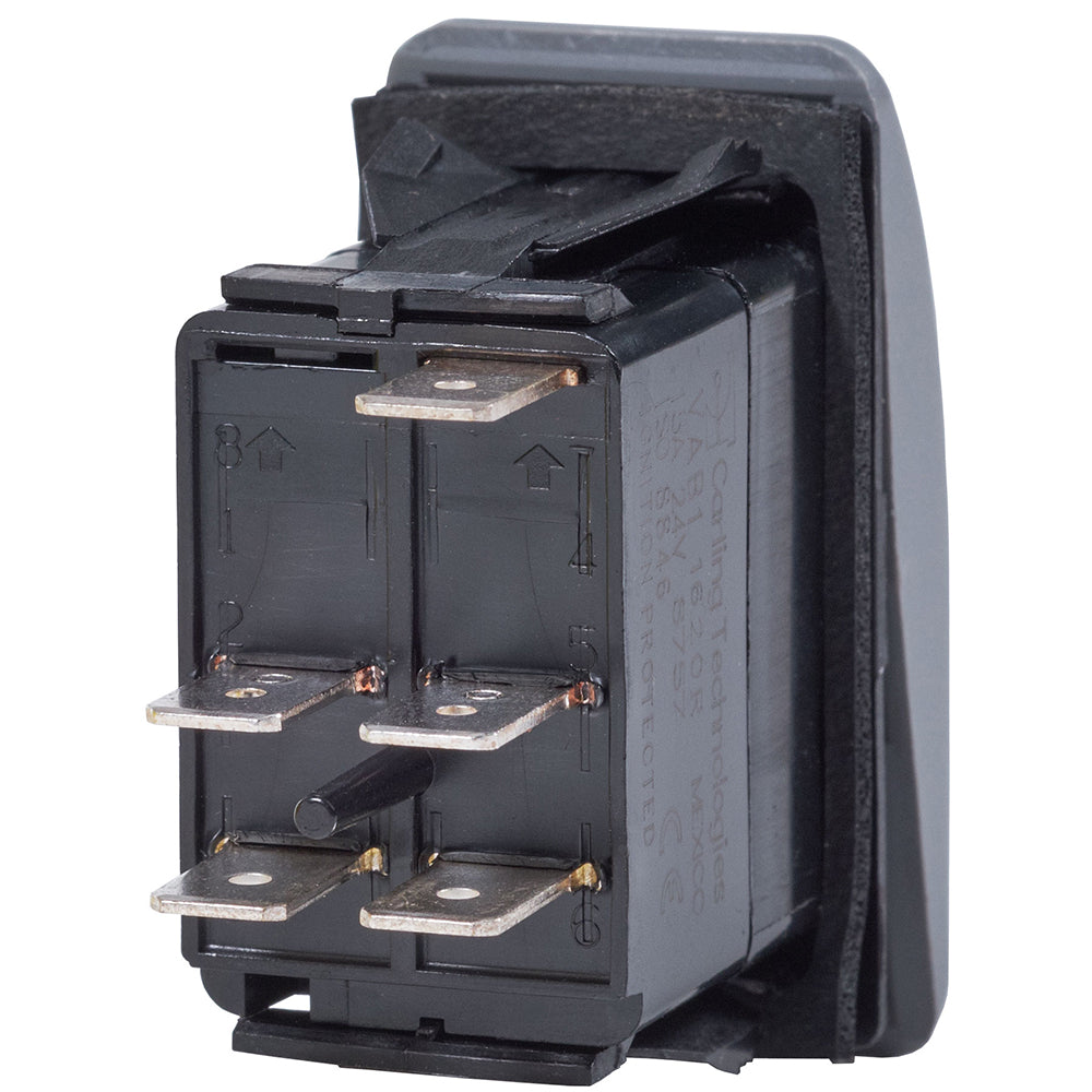 Blue Sea Systems Contura II DPST switch in black, showing the OFF-ON toggle and electrical connection points.
