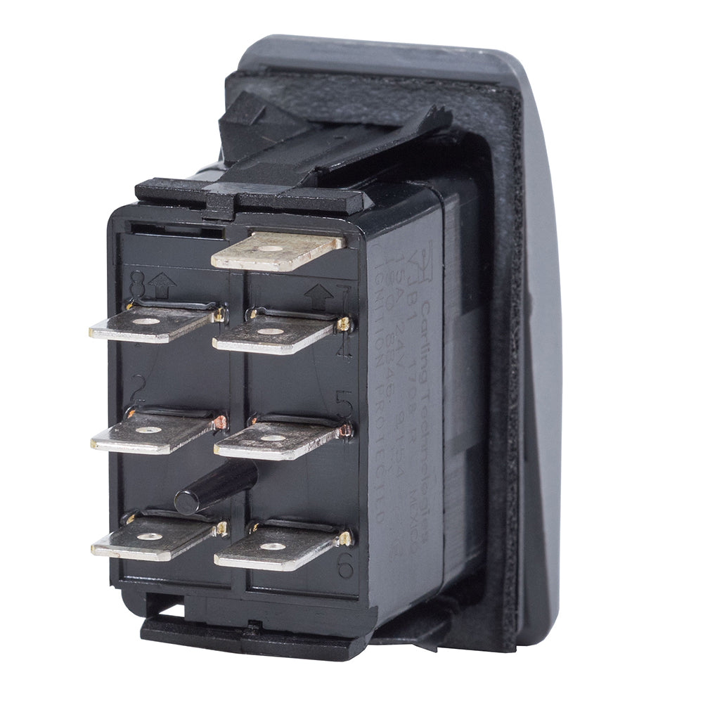 Blue Sea Systems Contura II DPDT switch in black showing ON-OFF-ON positions for marine or electrical control applications.