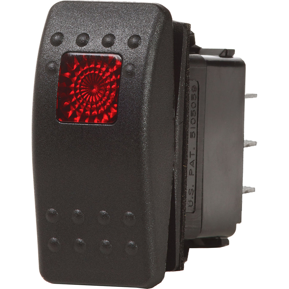 Blue Sea Systems Contura II DPDT switch in black with ON-OFF-ON positions, used for electrical control in marine or industrial applications.