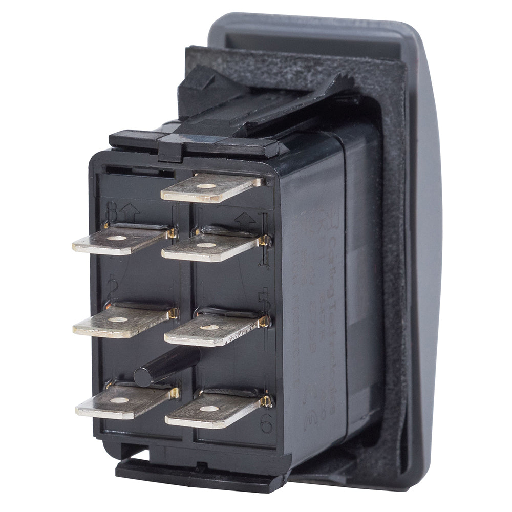 Blue Sea Systems Contura II DPDT switch in black with ON-OFF-ON positions, used for marine and electrical applications.