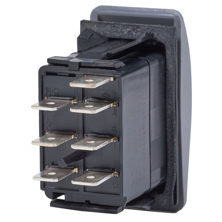 Blue Sea Systems Contura II DPDT switch in black with ON-OFF-ON positions, used for marine and electrical applications.
