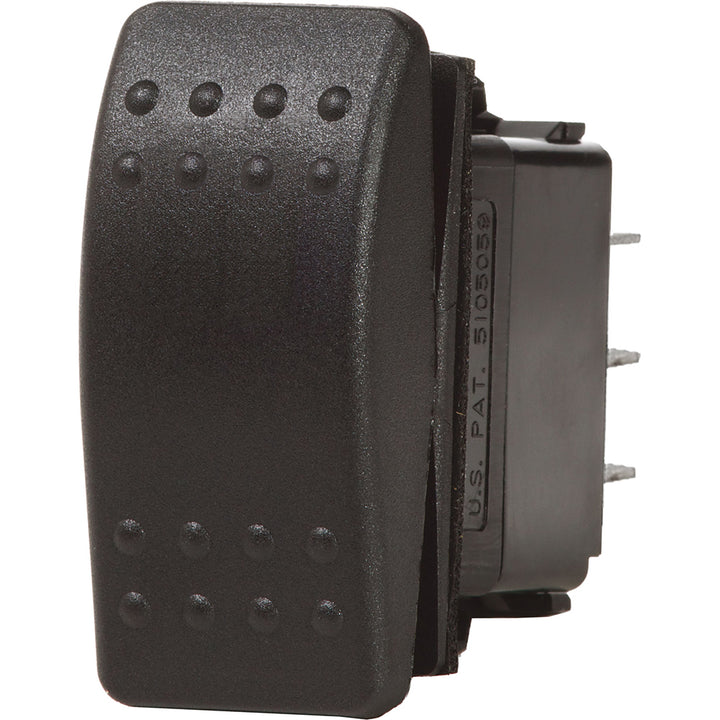 Blue Sea Systems Contura II DPDT switch in black showing ON-OFF-ON positions, used for electrical control.