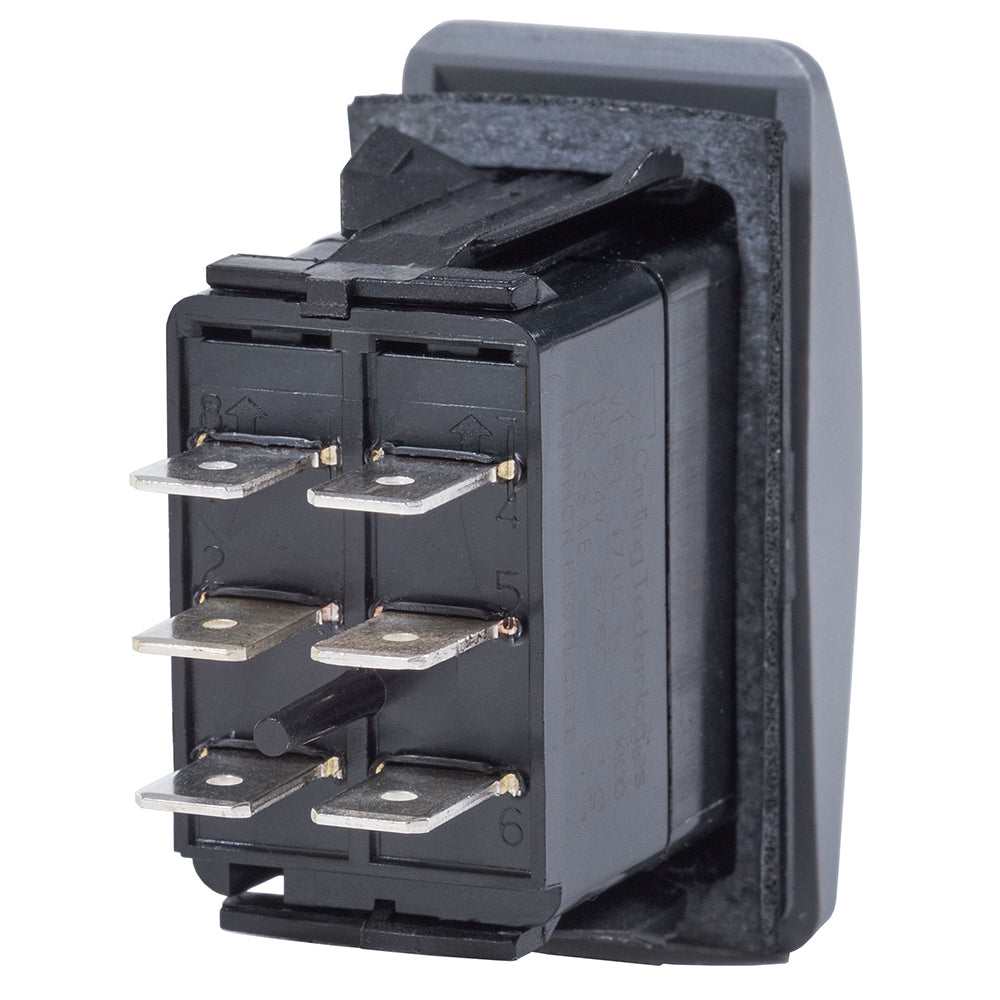 Blue Sea Systems Contura II DPDT switch in black, featuring ON-OFF-ON positions for electrical control.