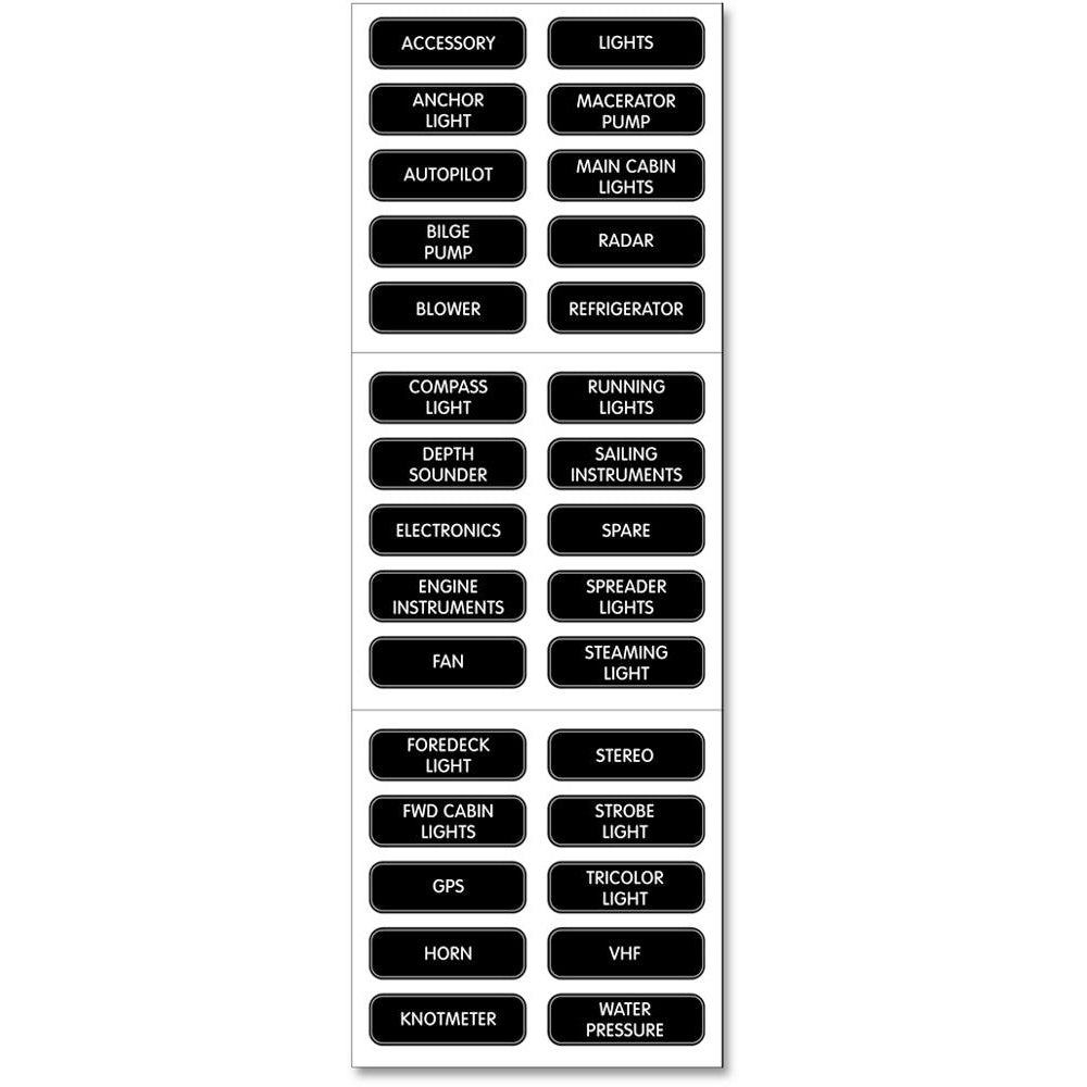 Blue Sea Systems 8030 DC Panel Basic 30 Label Set for switches and accessories on a marine electrical panel