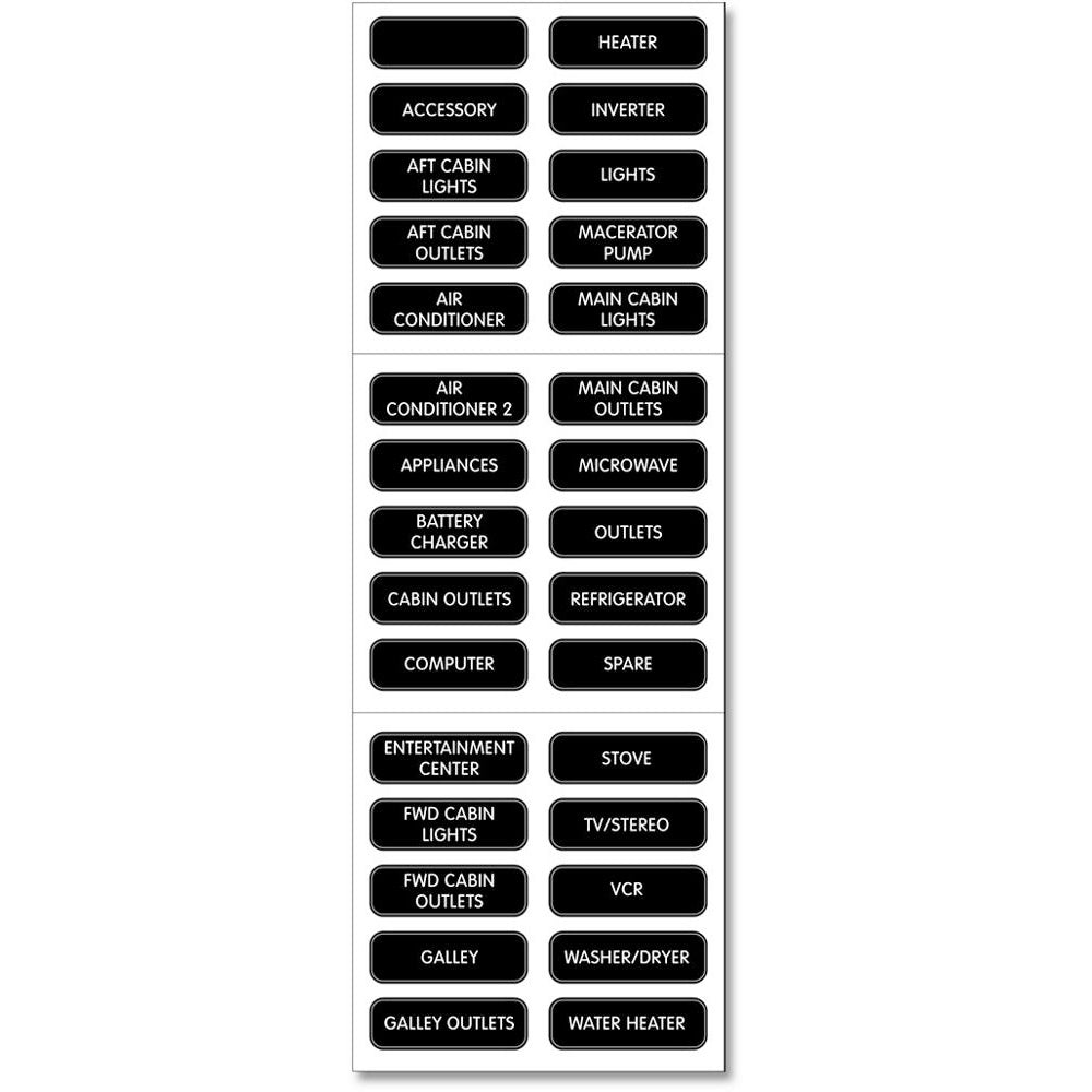 Blue Sea Systems AC Panel Basic 30 Label Set with blue and white labels for switches and accessories, designed for electrical panels.