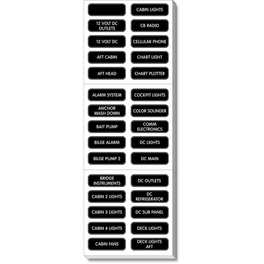 Blue Sea Systems DC panel extended 120 label set for switches and accessories, featuring blue labels and clear text.