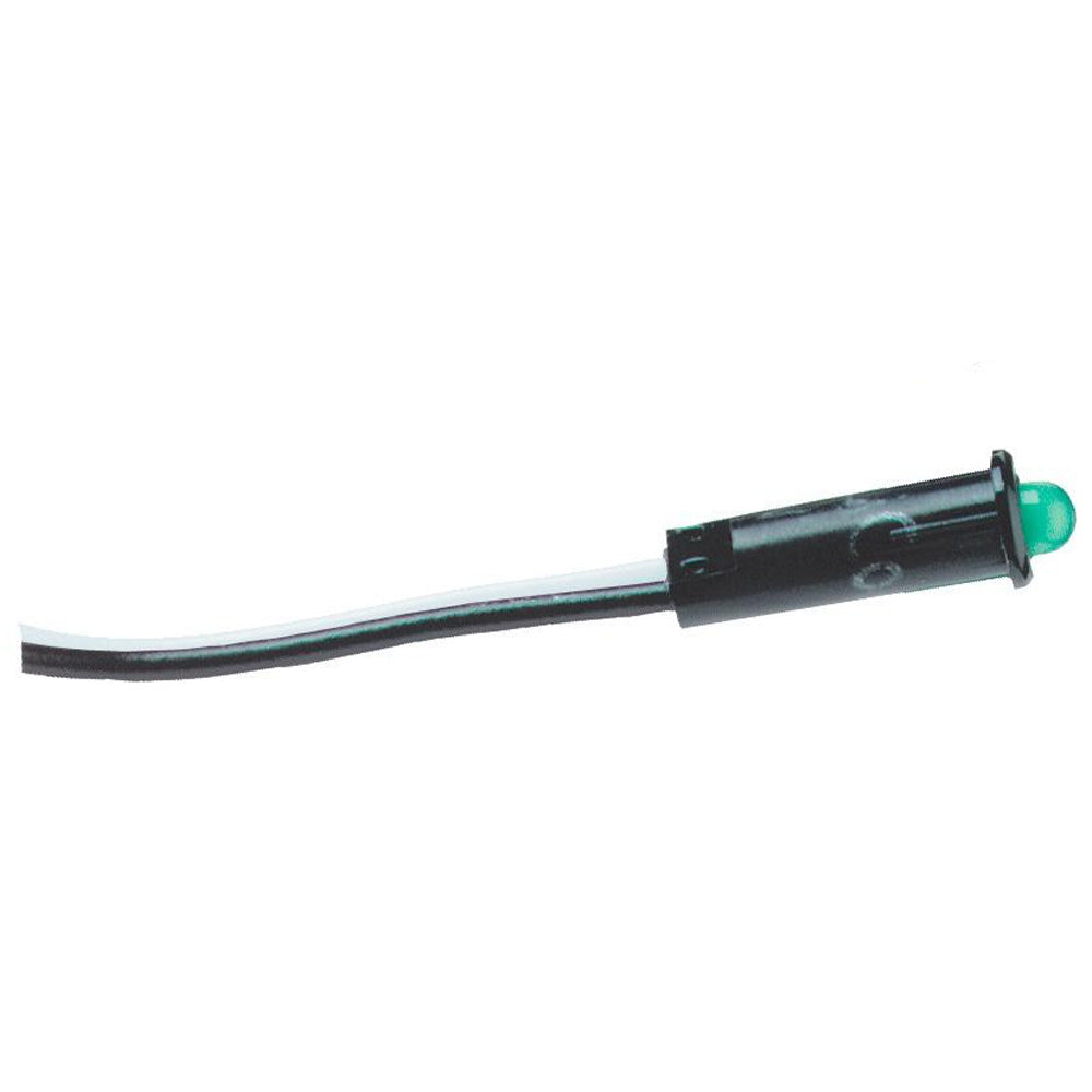 Blue Sea Systems Green LED indicator light on switch accessory panel, showing illuminated green LED in a marine electrical setup.