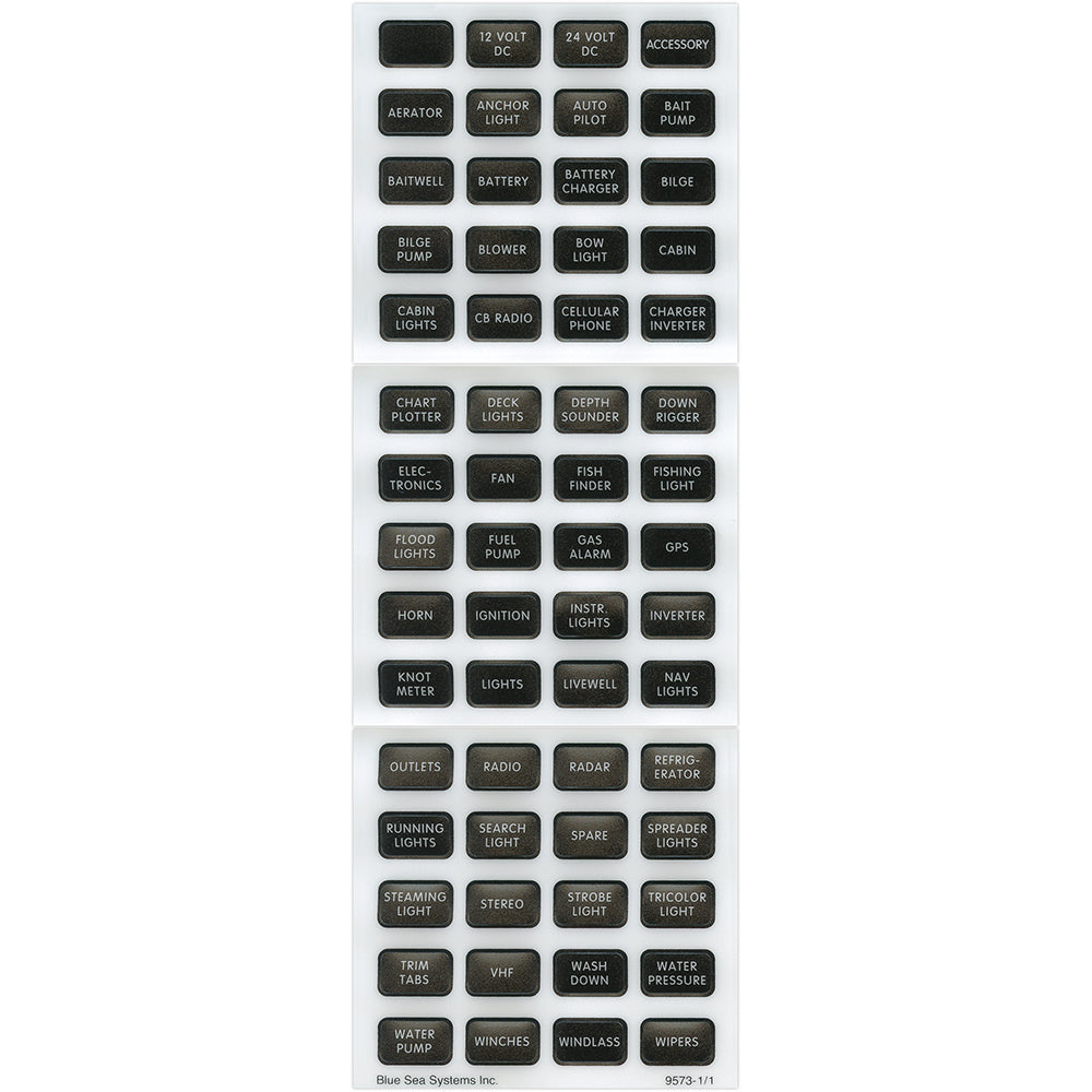 Blue Sea Systems Black Small Format Label Kit with 60 labels for switches and accessories, used for electrical labeling.