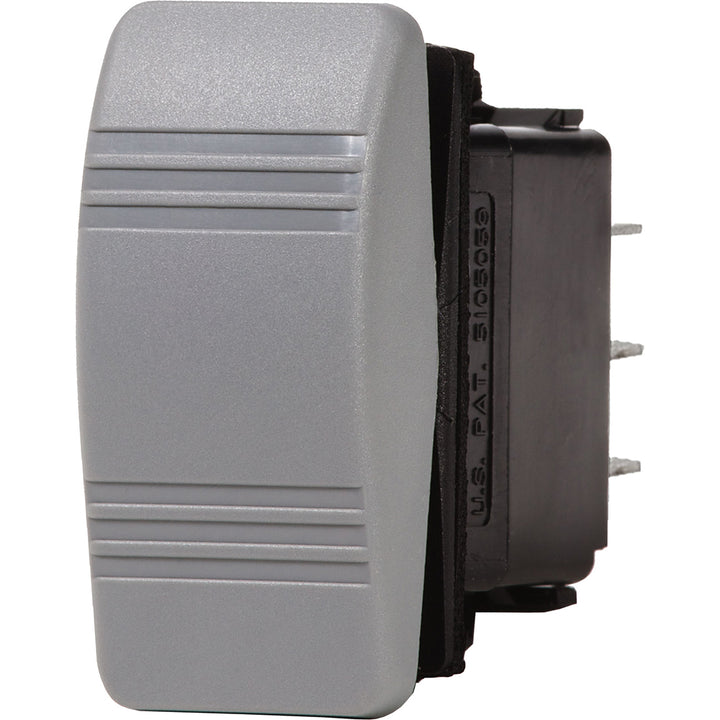 Blue Sea Systems Water Resistant Contura III switch in grey showing OFF and ON positions, designed for marine or outdoor use.