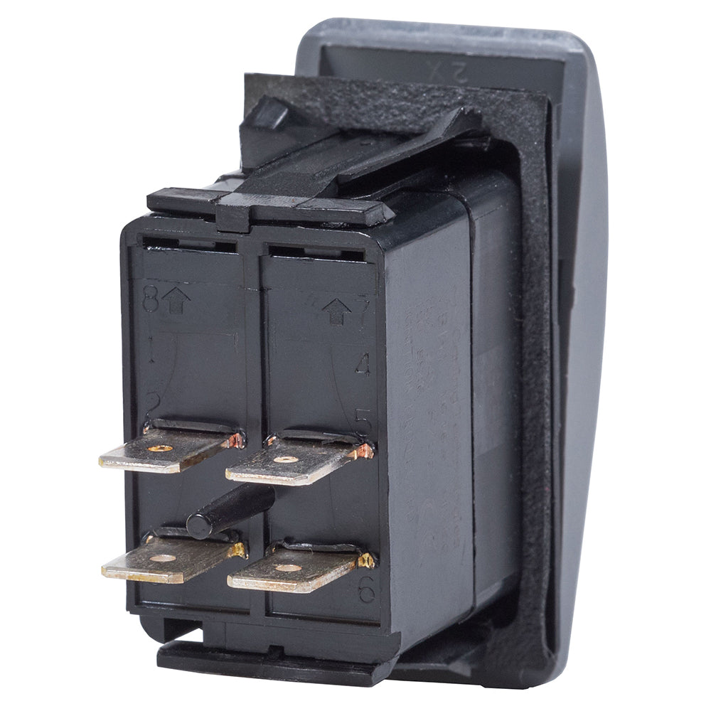 Blue Sea Systems Contura III water-resistant switch in grey showing OFF and ON positions, designed for marine or outdoor use.
