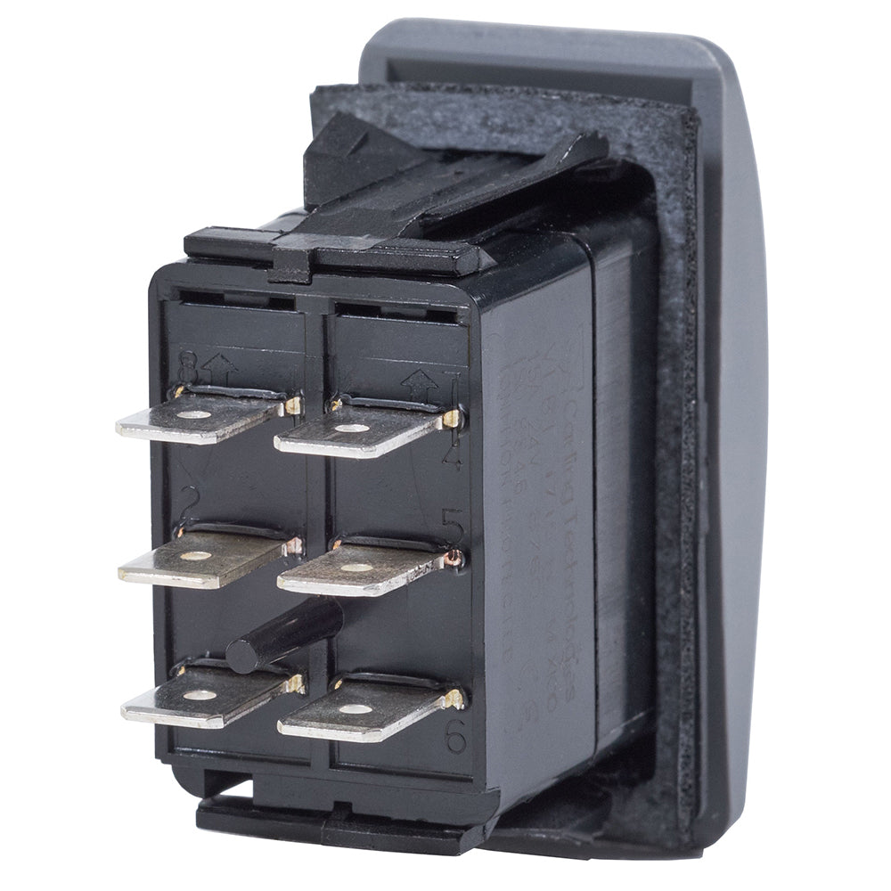 Blue Sea Systems Water Resistant Contura III switch in grey showing ON-OFF-ON positions, designed for marine and outdoor use