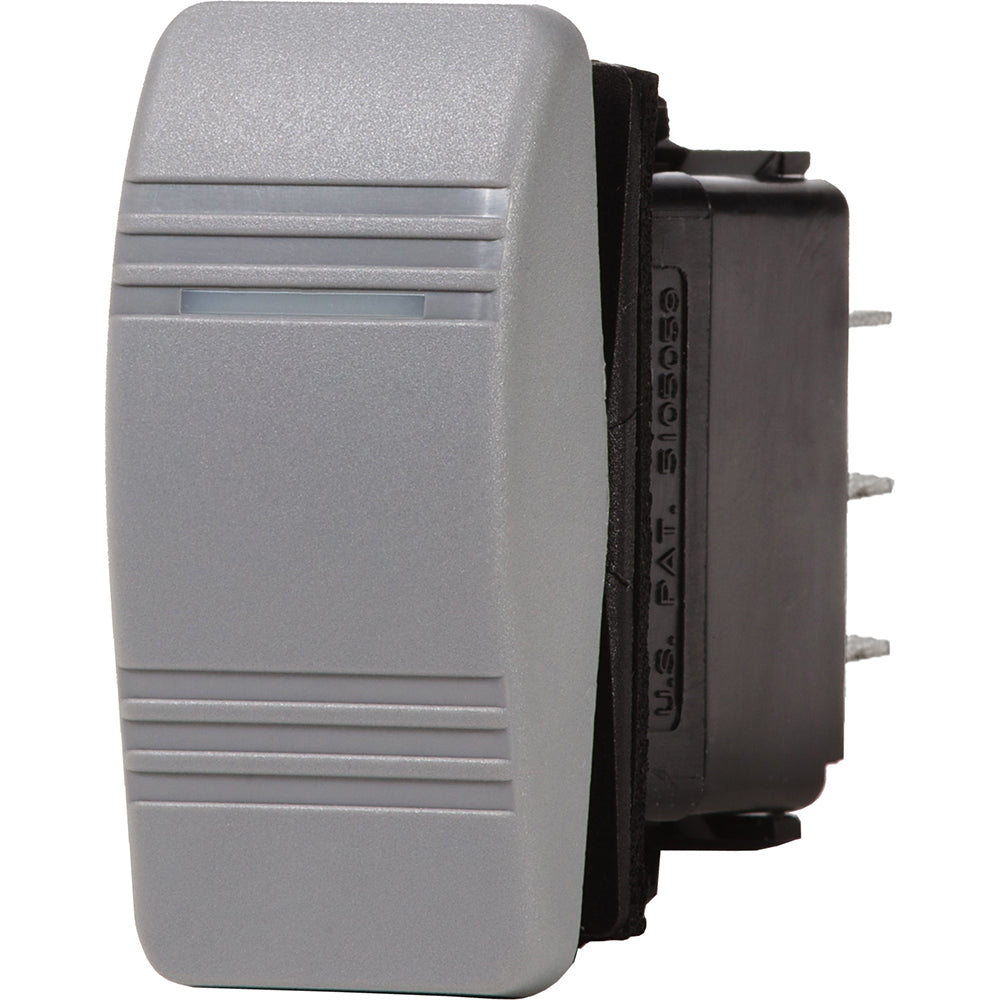 Blue Sea Systems Water Resistant Contura III switch in grey, showing OFF and ON positions, for marine or industrial use