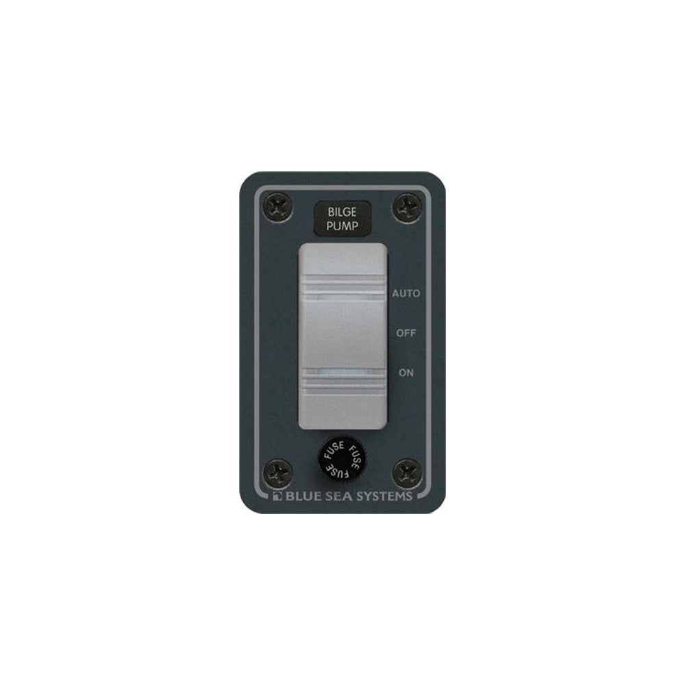 Blue Sea Systems Contura single bilge pump control panel with switch and indicator lights on a white background.