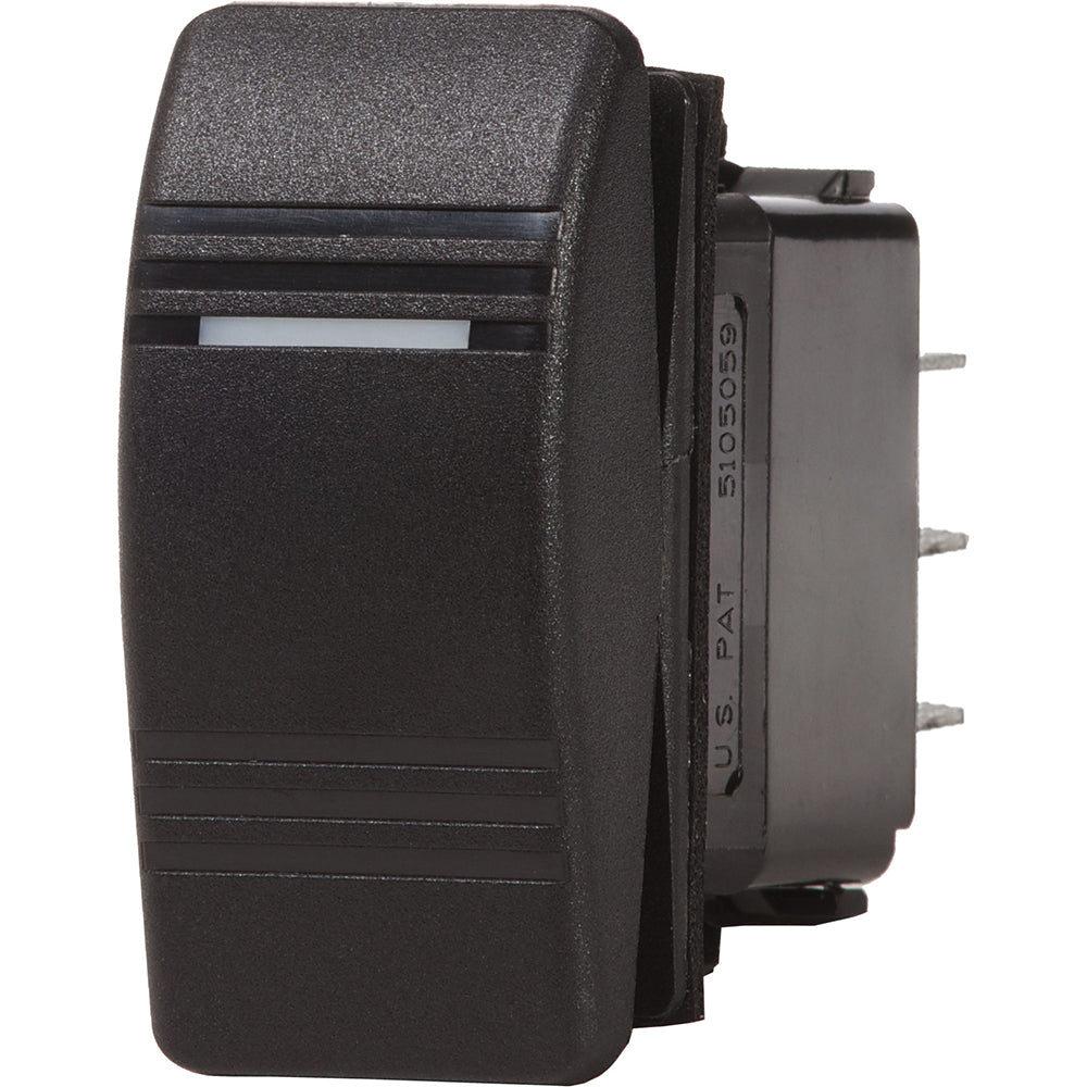 Blue Sea Systems Water Resistant Contura III DPDT switch in black, with ON-OFF-ON positions, used for marine and electrical applications.
