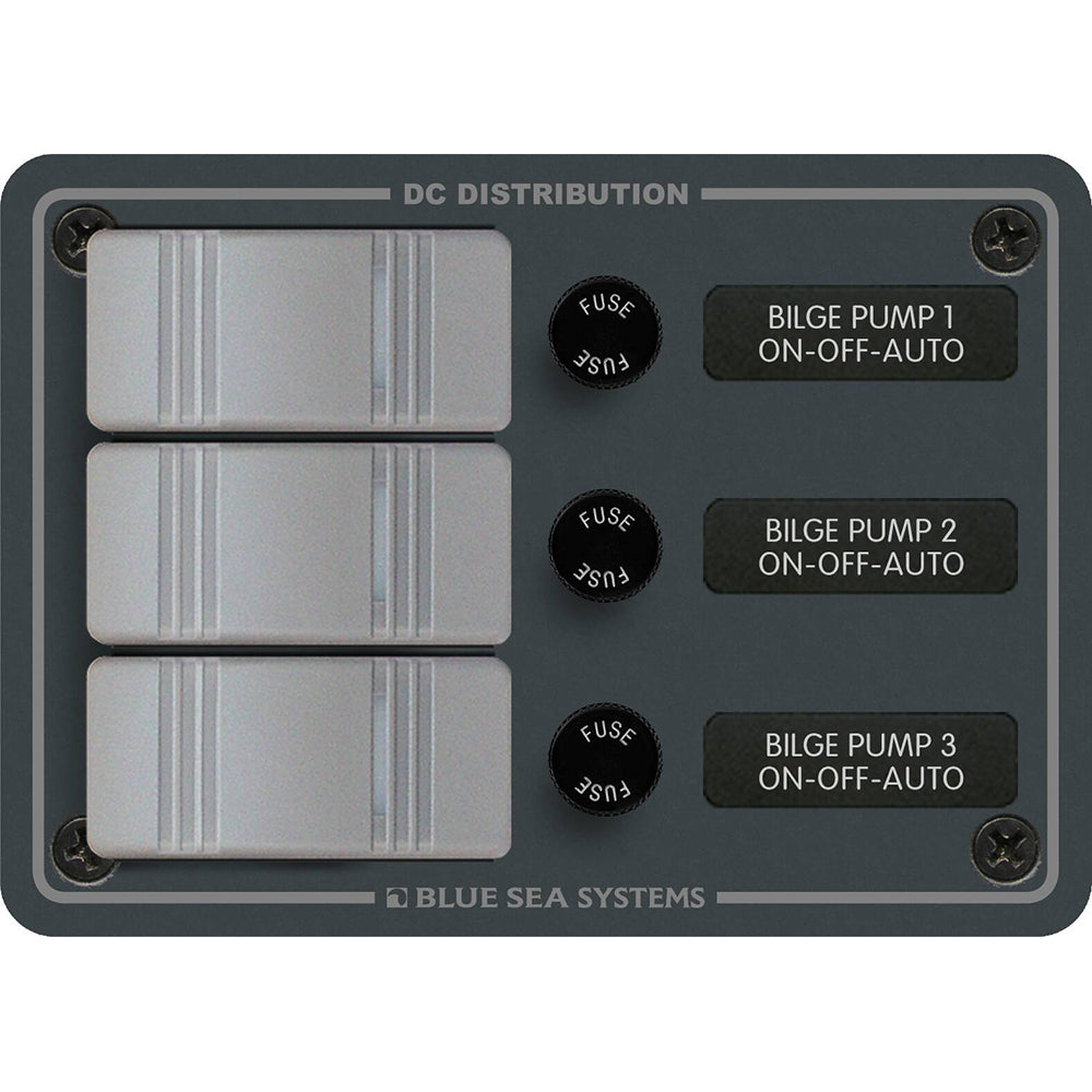 Blue Sea Systems Blue Sea 8665 Contura 3 Bilge Pump Control Panel with switches and control buttons, mounted on a marine panel.