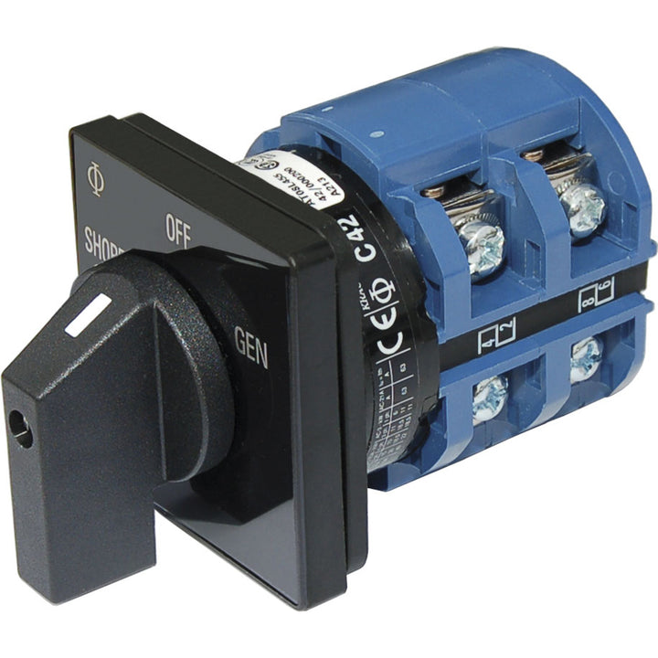 Blue Sea Systems 9011 switch with OFF and 2-position options, rated for 120VAC 65A, used in marine and electrical applications.