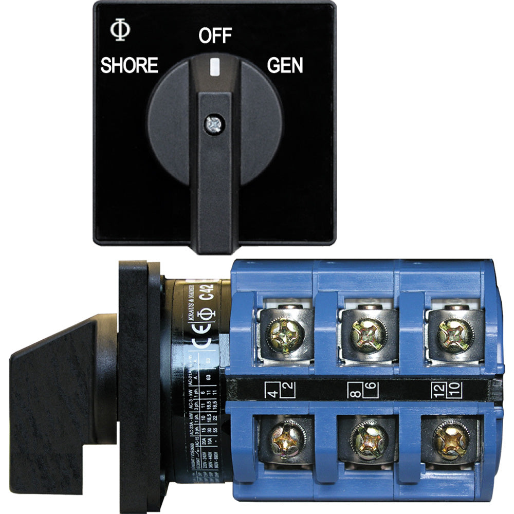 Blue Sea Systems 9019 switch with off and 2-position options, rated for AC 240VAC 63A, used for electrical control.