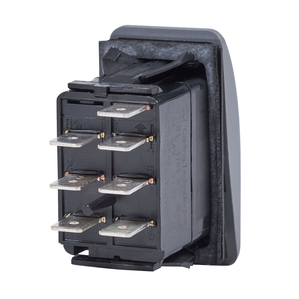 Blue Sea Systems Blue Sea Contura DPDT switch in black with ON-ON toggle, used for electrical switching applications.