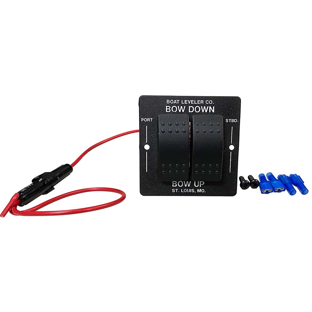 Boat Leveler waterproof trim tab switch with black buttons, designed for boat trim tab accessories by Boat Leveler Co.