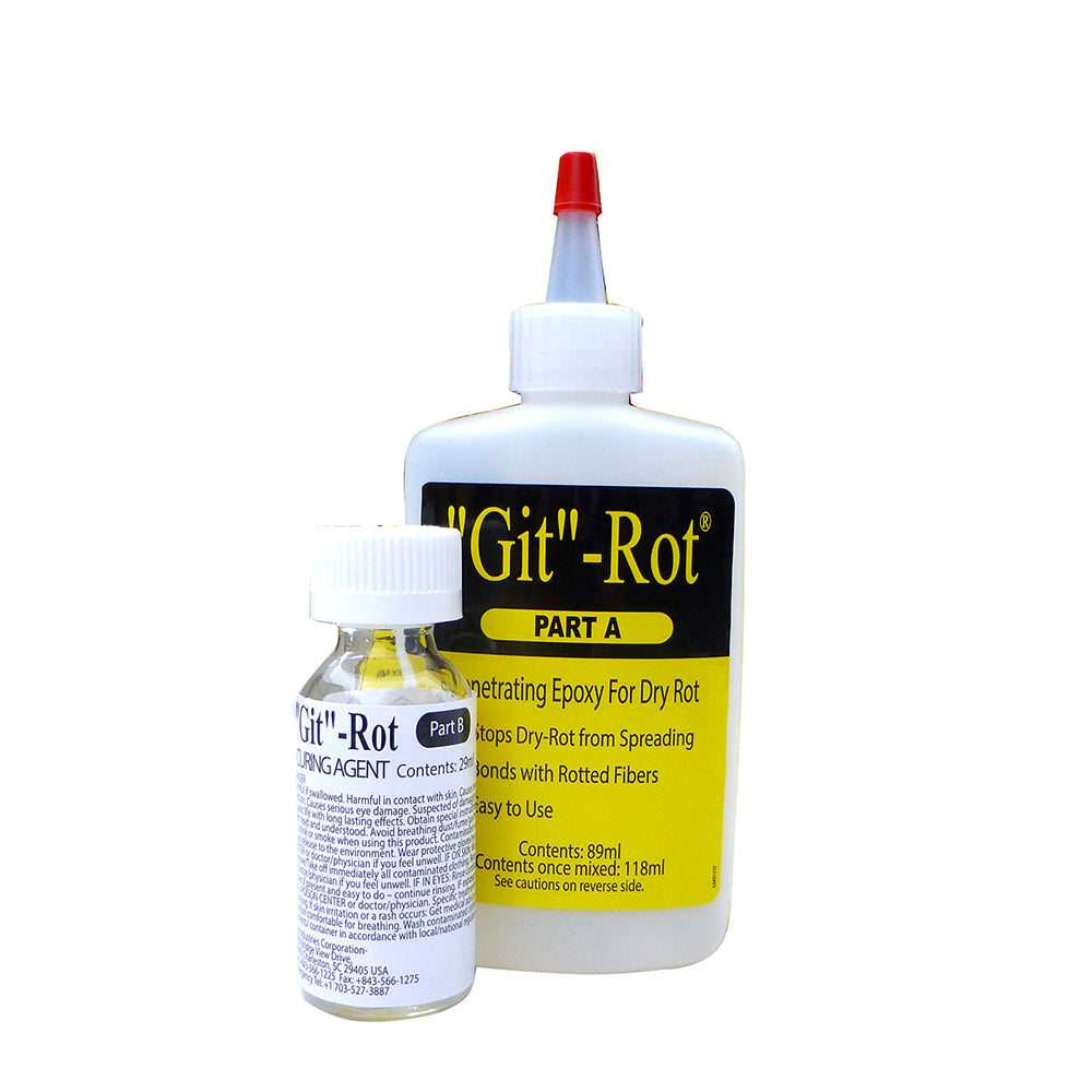 BoatLIFE Git Rot Kit 4oz adhesive and sealant for boat repair, shown in the image with the product container and application tools.