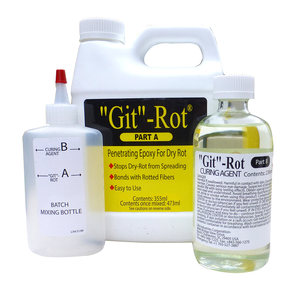 BoatLIFE Git Rot Kit Pint for sealing and repairing wood on boats, featuring adhesive and sealant components.