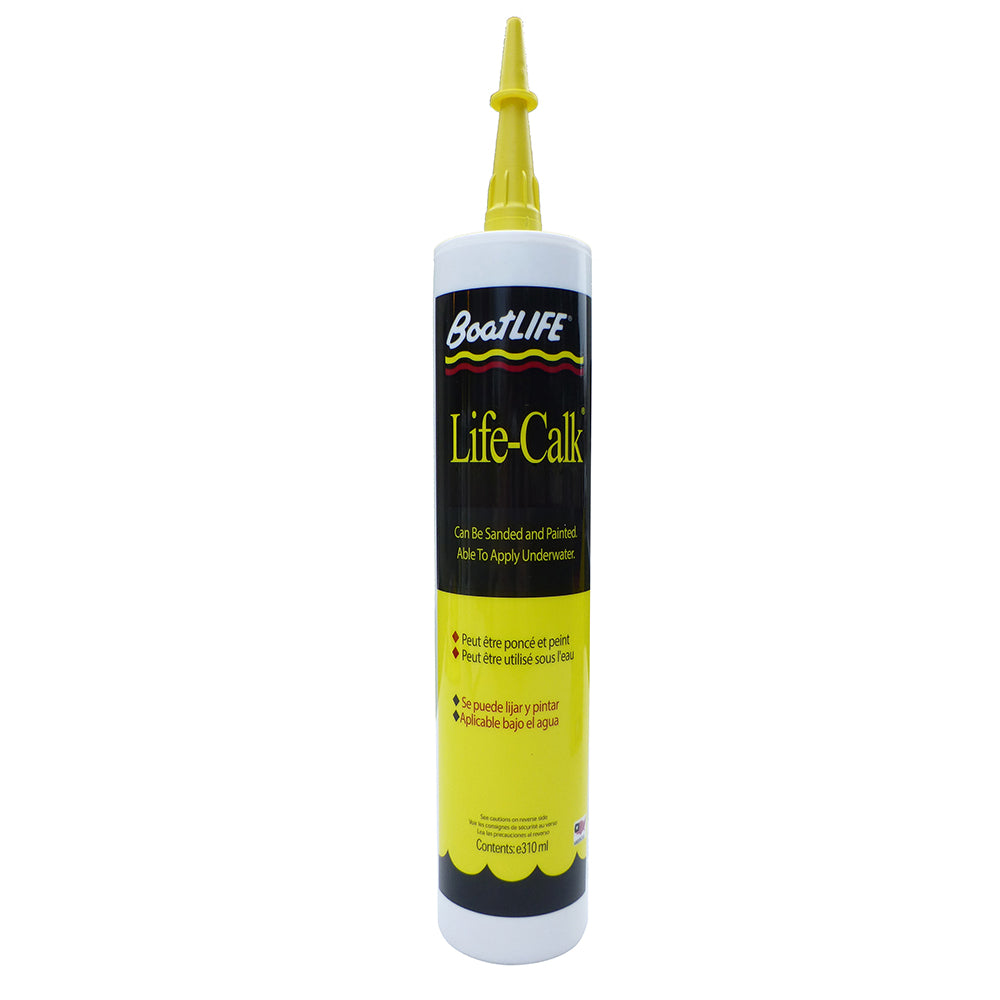 Black BoatLIFE Life-Calk cartridge for marine adhesive and sealant applications, shown with the cartridge and nozzle.