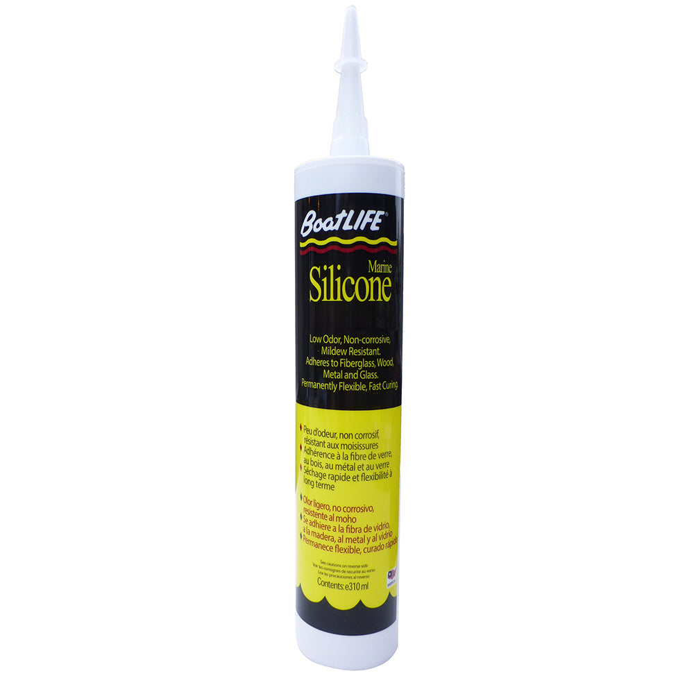 BoatLIFE Silicone Rubber Sealant Cartridge in clear, ideal for waterproof sealing of boats and marine equipment.