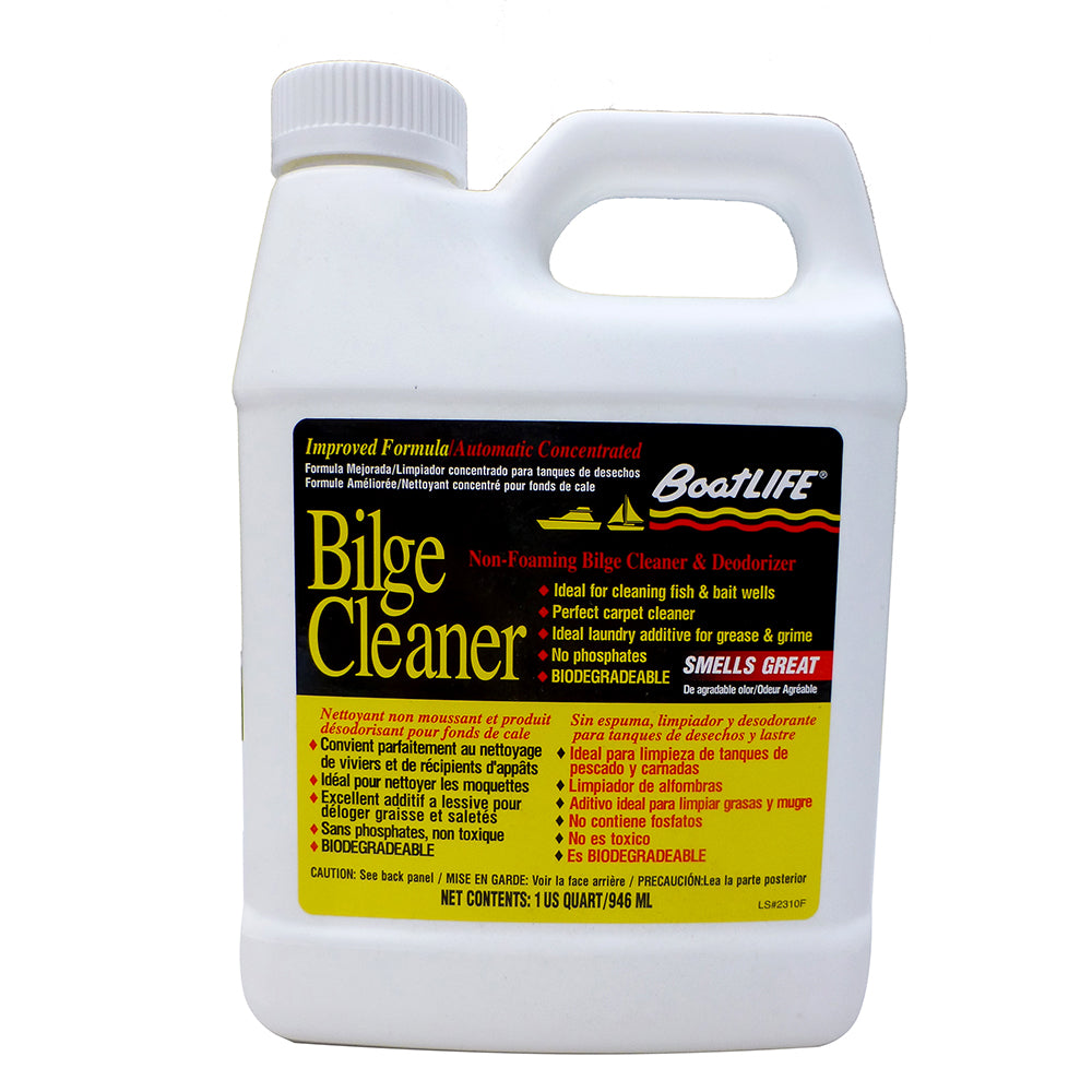 BoatLIFE Bilge Cleaner quart bottle for cleaning boat bilge areas, effective marine cleaning product with green cap and label.